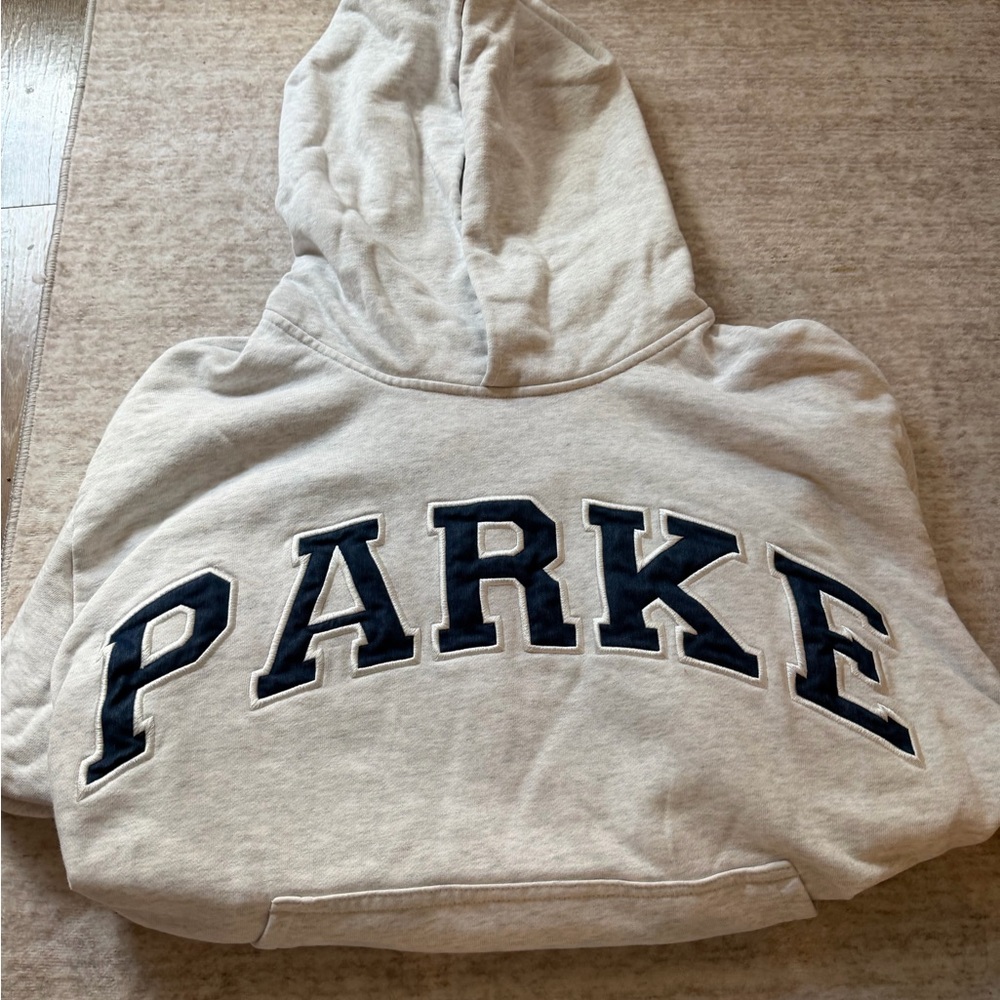 Grey Parke Hoodie with blue embroidered lettering